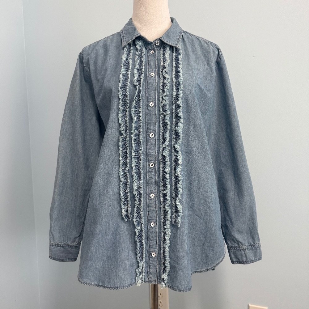 Pilcro By Anthropologie Ruffled Denim Button Down Shirt Size‎ M